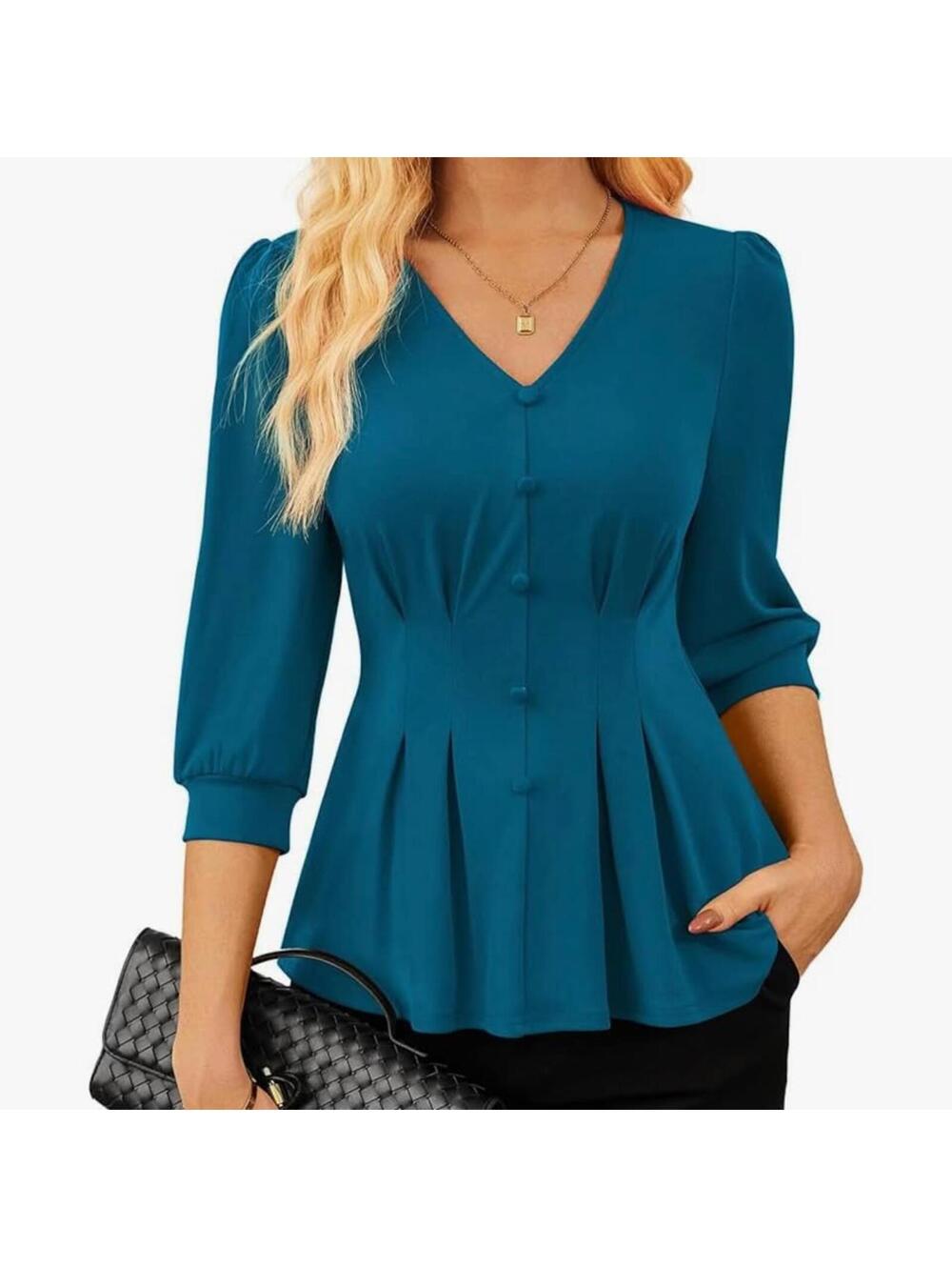 Teal V-Neck Peplum Blouse